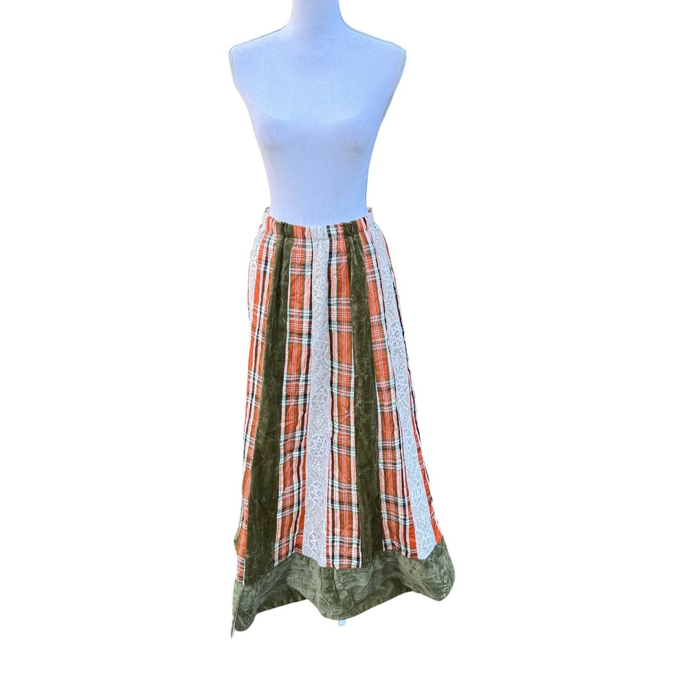 Chessa Davis Vintage Maxi Skirt Plaid Velvet Lace Patchwork Boho Orange Green 24